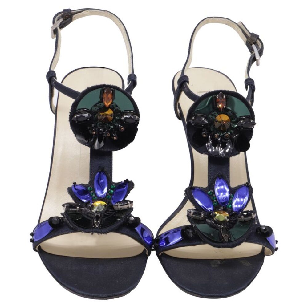 Prada Jewel-Embellished Ankle Strap Sandal Heels in Navy Blue Satin - Picture 2 of 9